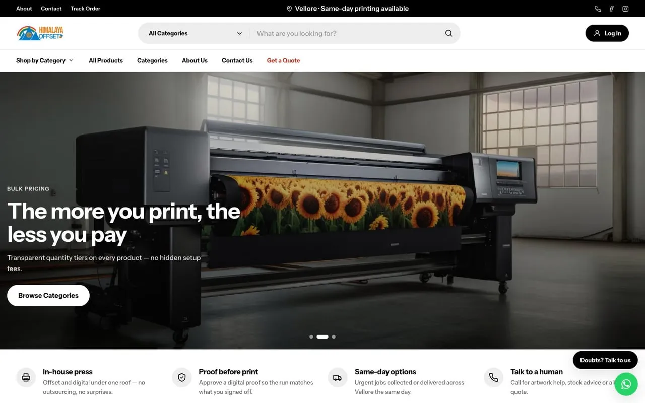 An online print shop for a Vellore printing press — the live site, scrolling